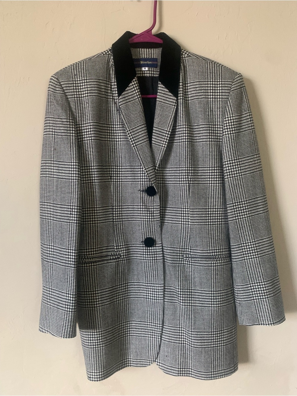 Vintage alpaca and wool checked Glen Plaid Blazer with Contrasting Black Collar